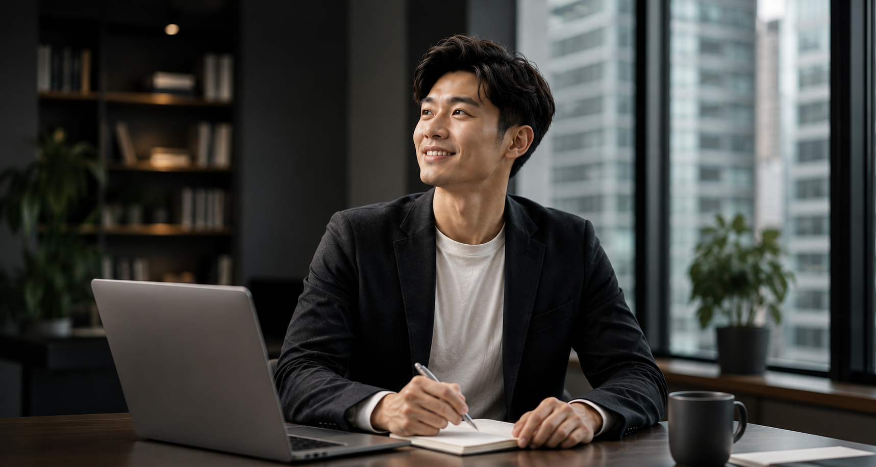 Profesional muda tersenyum percaya diri sambil bekerja dengan laptop di kantor modern